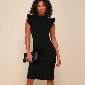XS Lulu's Stylish Splendor Black Backless Ruffle Bodycon Midi Dress